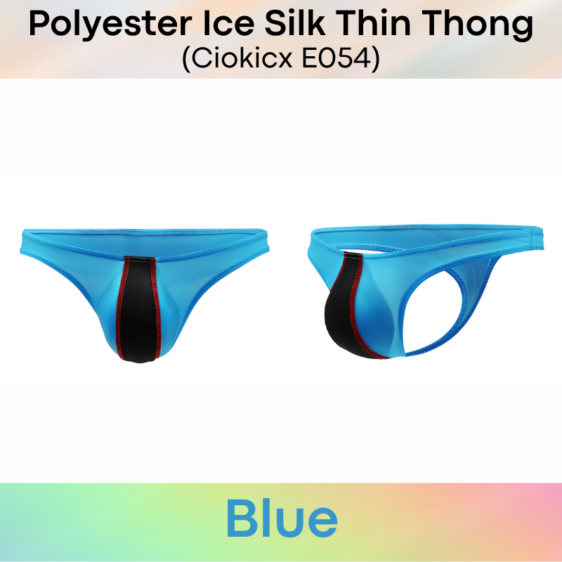 Men's Thong: Polyester Ice Silk Low Waist Thong with Dual Color Vertical Strip (E054)