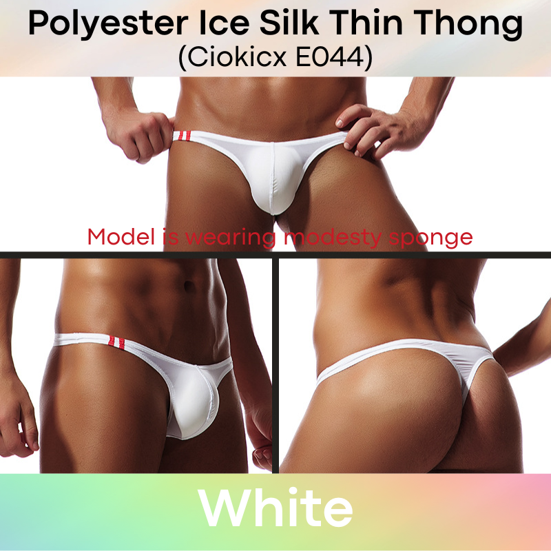Men's Thong: Polyester Ice Silk Low Waist Thong with 2 Bar Side Stripe (E044)