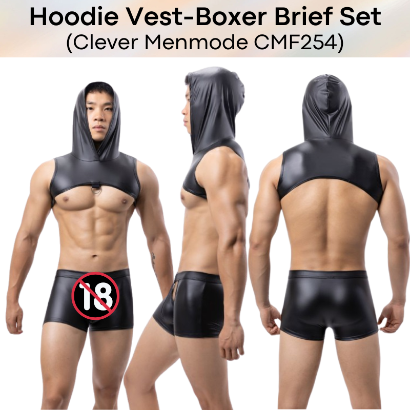 Men's Boxer/Vest: Polyester Faux Leather Hoodie Cropped Vest Top and Boxer Brief Trunks Set (CMF254)