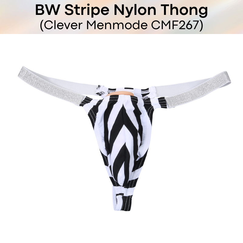 Men's Thong: B&W Stripe with Silver Glittery Waistband Nylon Thong (CMF267)