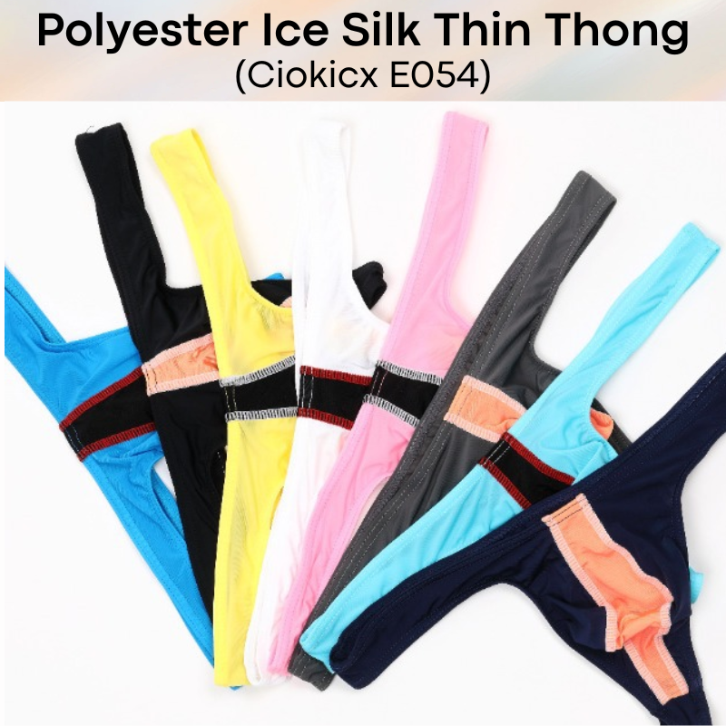 Men's Thong: Polyester Ice Silk Low Waist Thong with Dual Color Vertical Strip (E054)