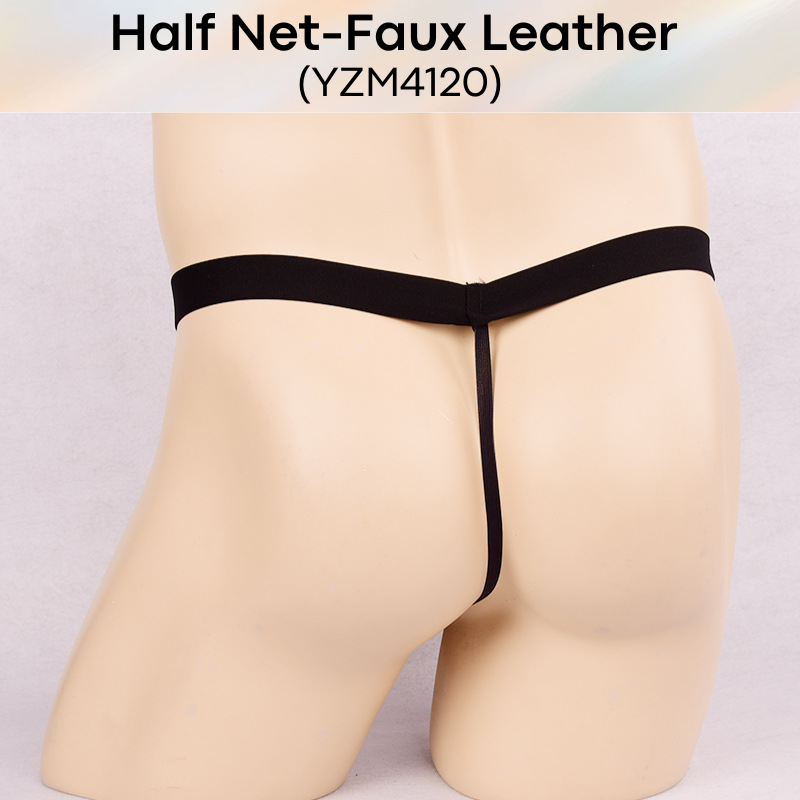 Men's GString: Half Net Half Faux Leather with Zipper Pouch GString Underwear (YZM4120)