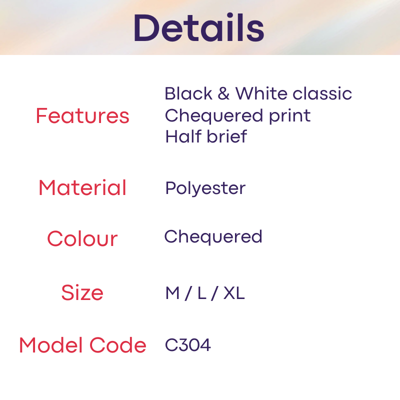 Men's Brief: Polyester Black & White Chequered Half Brief (C304)