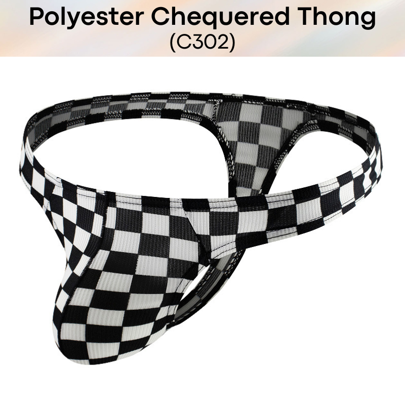 Men's Thong: Polyester Black & White Chequered Thong with 3D Pouch (C302)