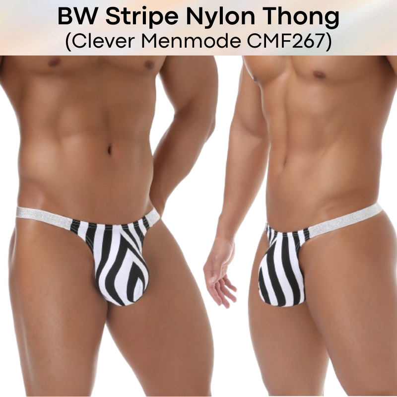 Men's Thong: B&W Stripe with Silver Glittery Waistband Nylon Thong (CMF267)