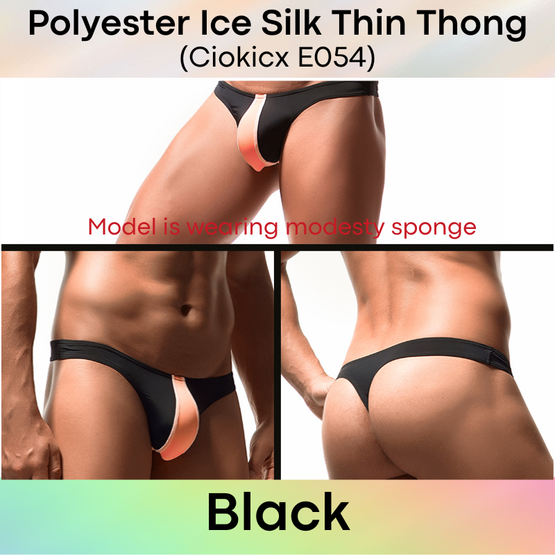 Men's Thong: Polyester Ice Silk Low Waist Thong with Dual Color Vertical Strip (E054)