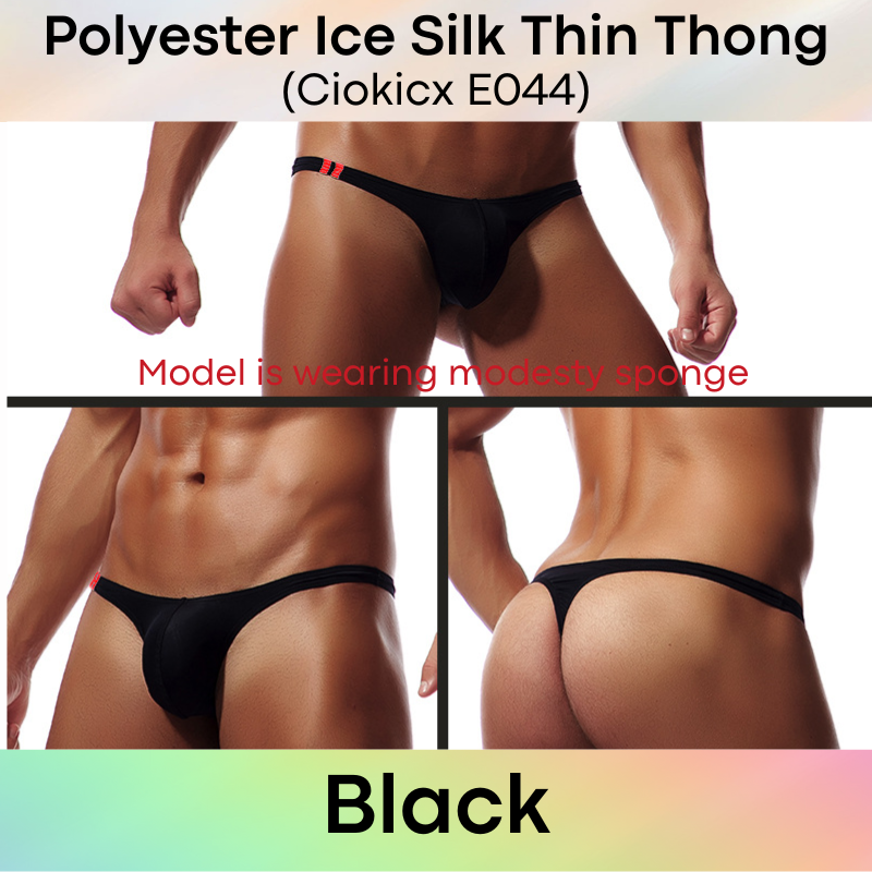 Men's Thong: Polyester Ice Silk Low Waist Thong with 2 Bar Side Stripe (E044)