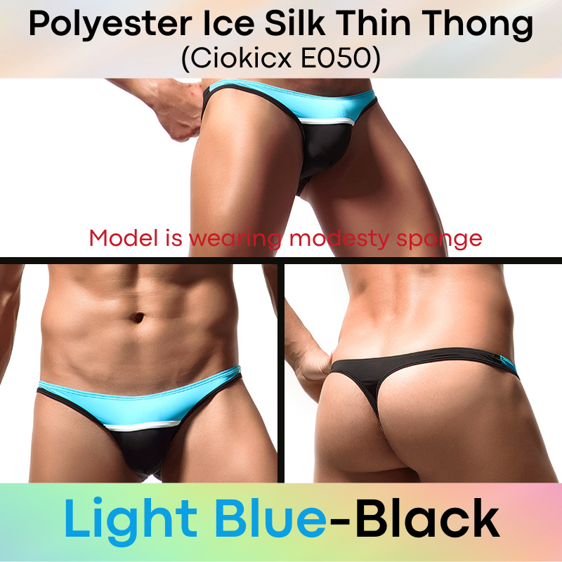 Men's Thong: Polyester Ice Silk Low Waist Thong with Dual Color Horizontal Strip (E050)
