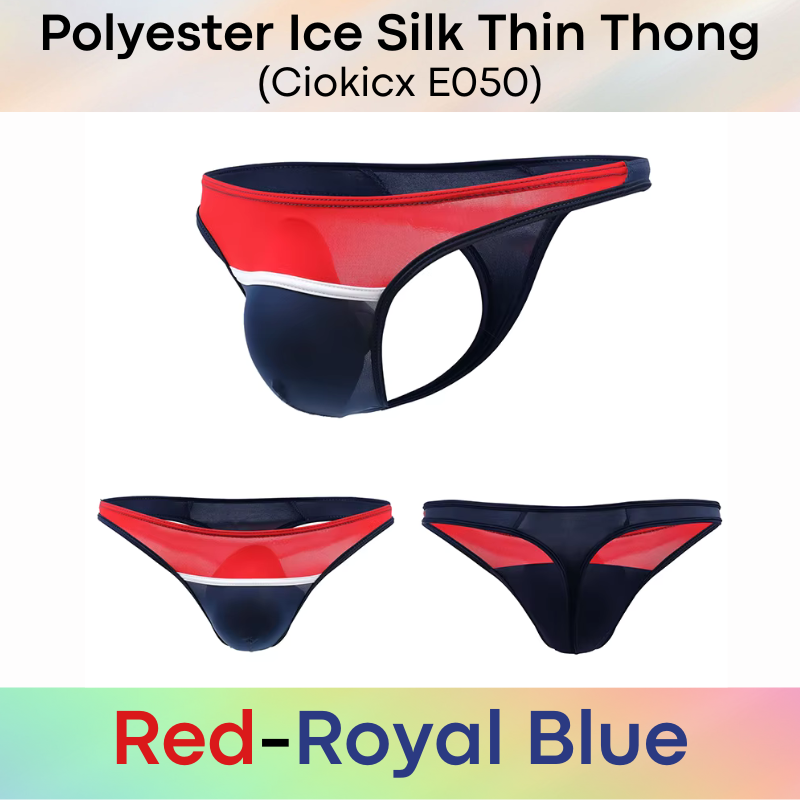Men's Thong: Polyester Ice Silk Low Waist Thong with Dual Color Horizontal Strip (E050)