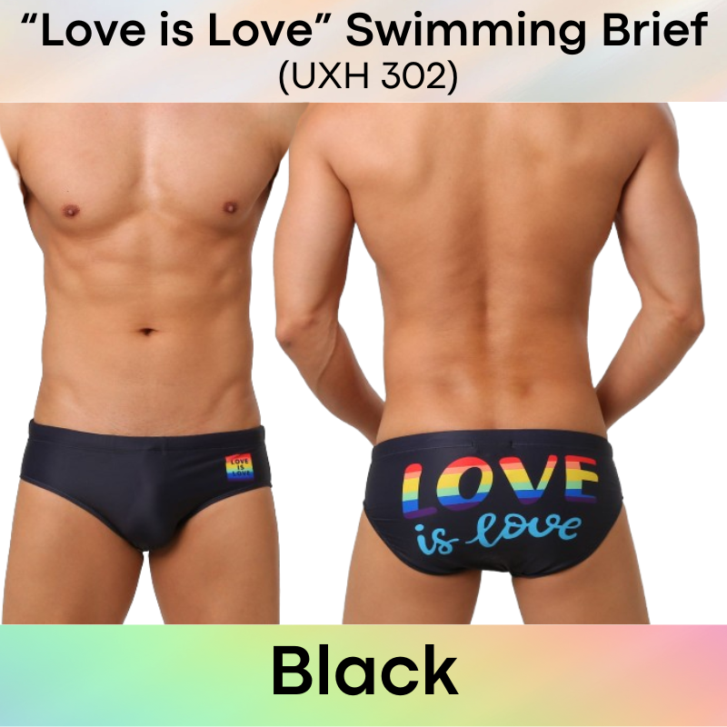 Men's Swimwear: Polyester "Love is Love" Print Swimming Brief Trunks (UXH302)