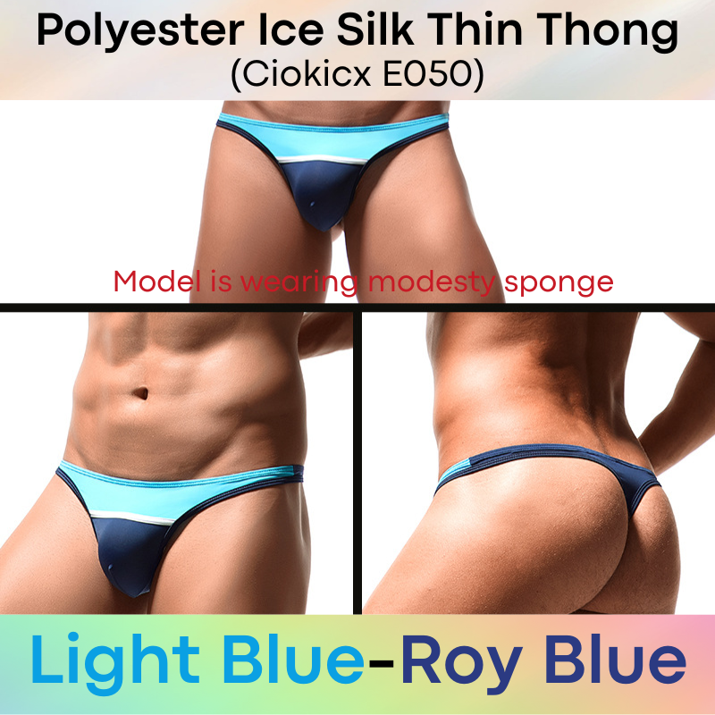 Men's Thong: Polyester Ice Silk Low Waist Thong with Dual Color Horizontal Strip (E050)