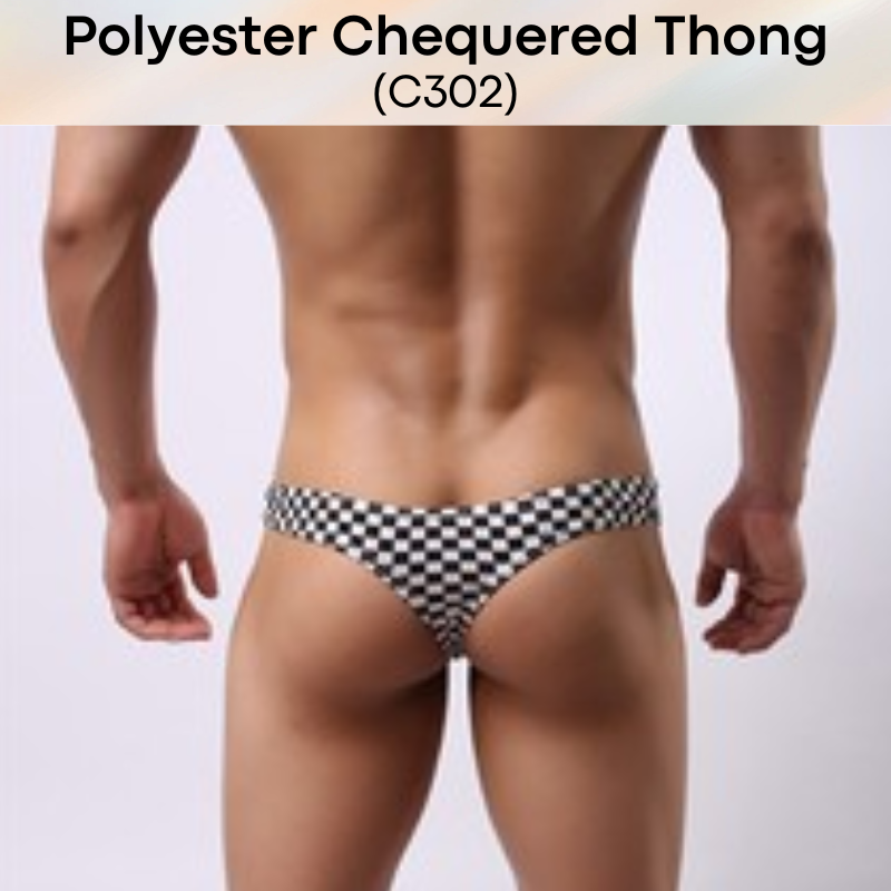 Men's Thong: Polyester Black & White Chequered Thong with 3D Pouch (C302)