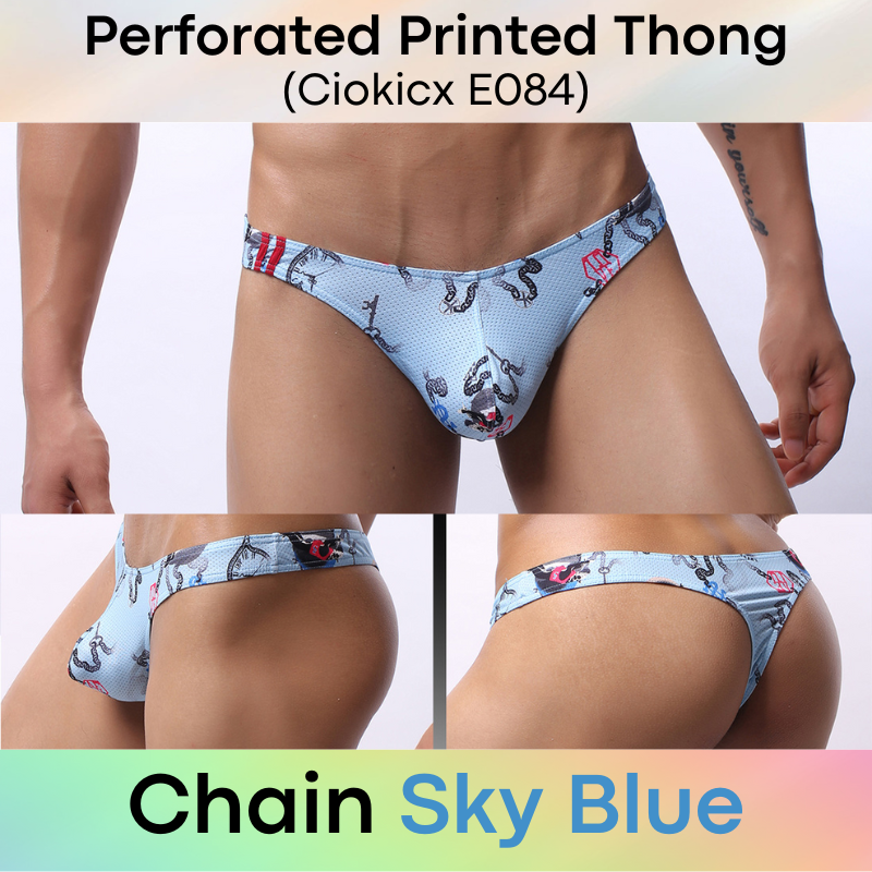 Men's Thong: Polyester Printed Thong with Perforated Air Holes (E084)