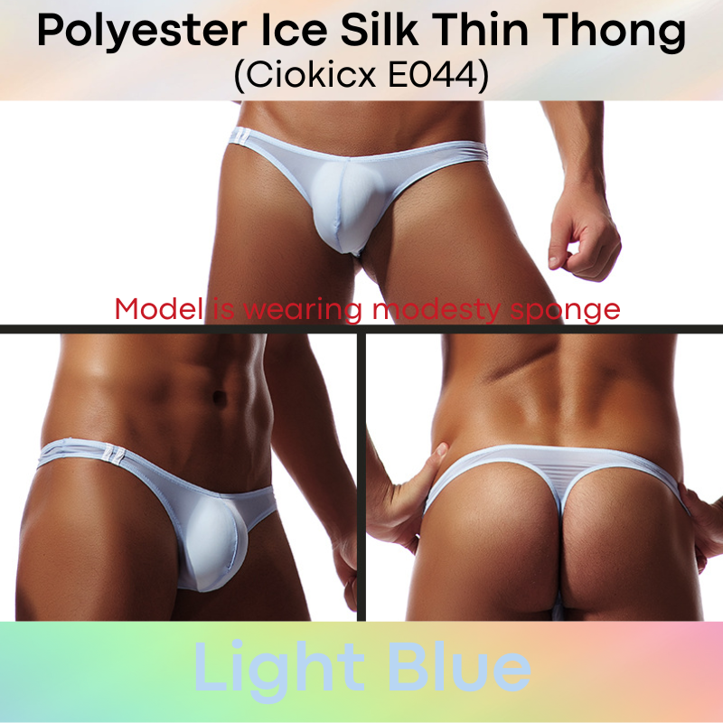 Men's Thong: Polyester Ice Silk Low Waist Thong with 2 Bar Side Stripe (E044)