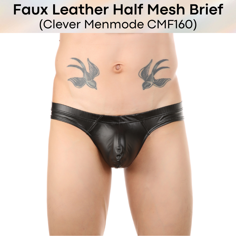 Men's Brief: Faux Leather Partial Mesh Brief (CMF160)