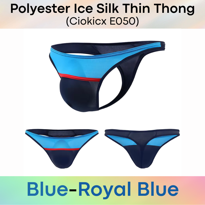 Men's Thong: Polyester Ice Silk Low Waist Thong with Dual Color Horizontal Strip (E050)