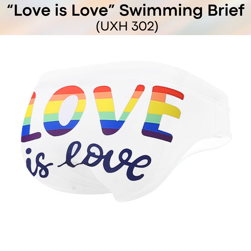 Men's Swimwear: Polyester "Love is Love" Print Swimming Brief Trunks (UXH302)