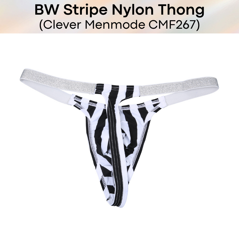 Men's Thong: B&W Stripe with Silver Glittery Waistband Nylon Thong (CMF267)