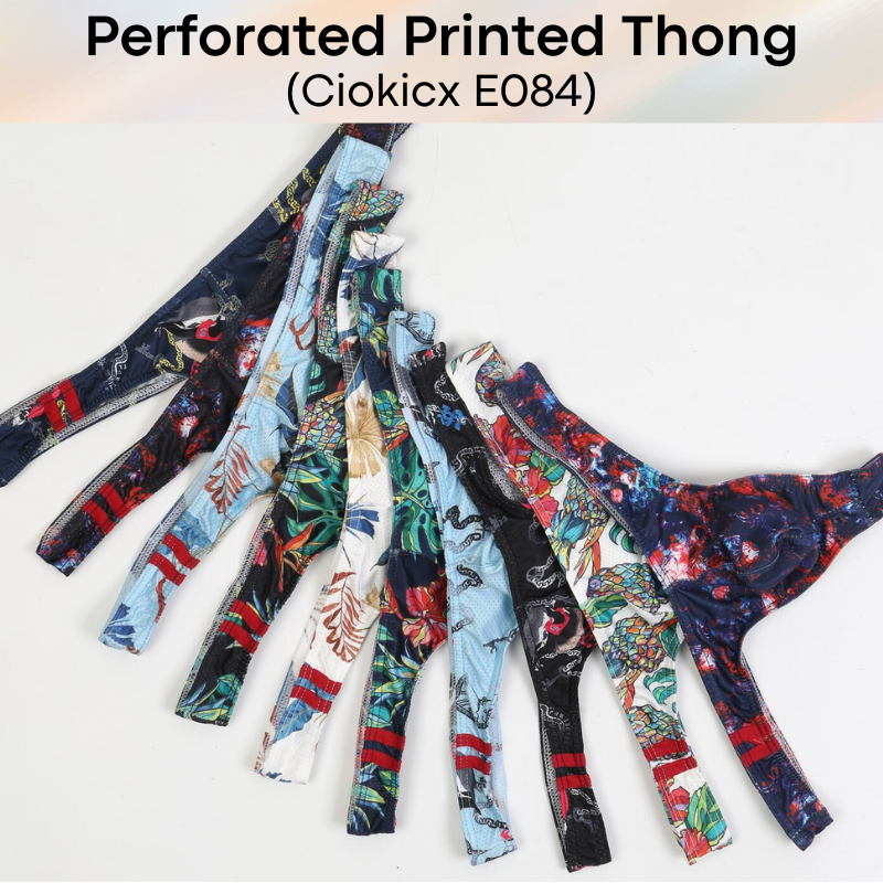 Men's Thong: Polyester Printed Thong with Perforated Air Holes (E084)