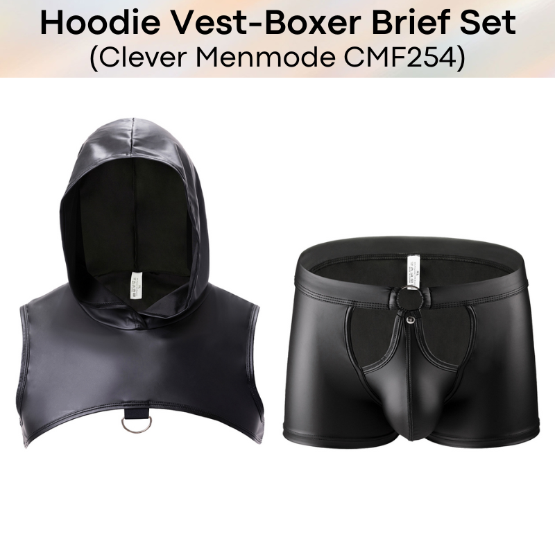 Men's Boxer/Vest: Polyester Faux Leather Hoodie Cropped Vest Top and Boxer Brief Trunks Set (CMF254)