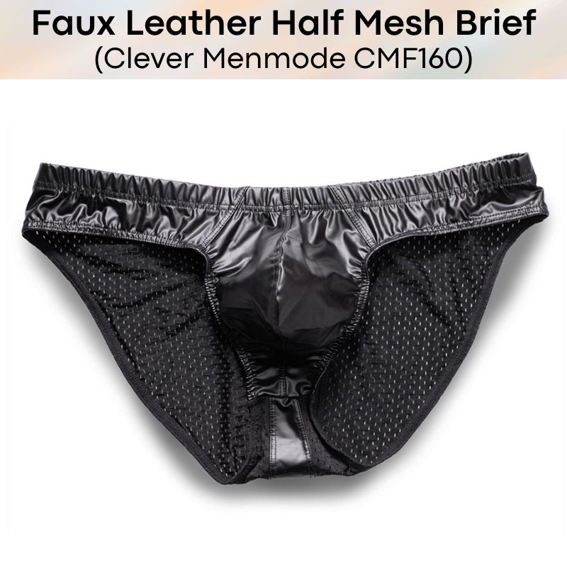 Men's Brief: Faux Leather Partial Mesh Brief (CMF160)