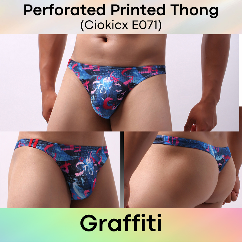 Men's Thong: Polyester Printed Thong with Perforated Air Holes (E071)