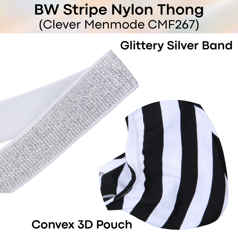 Men's Thong: B&W Stripe with Silver Glittery Waistband Nylon Thong (CMF267)