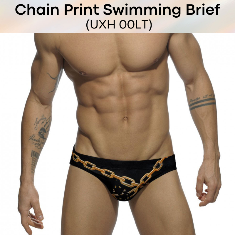 Men's Swimwear: Polyester Chain Print Swimming Brief Trunks (UXH00LT)