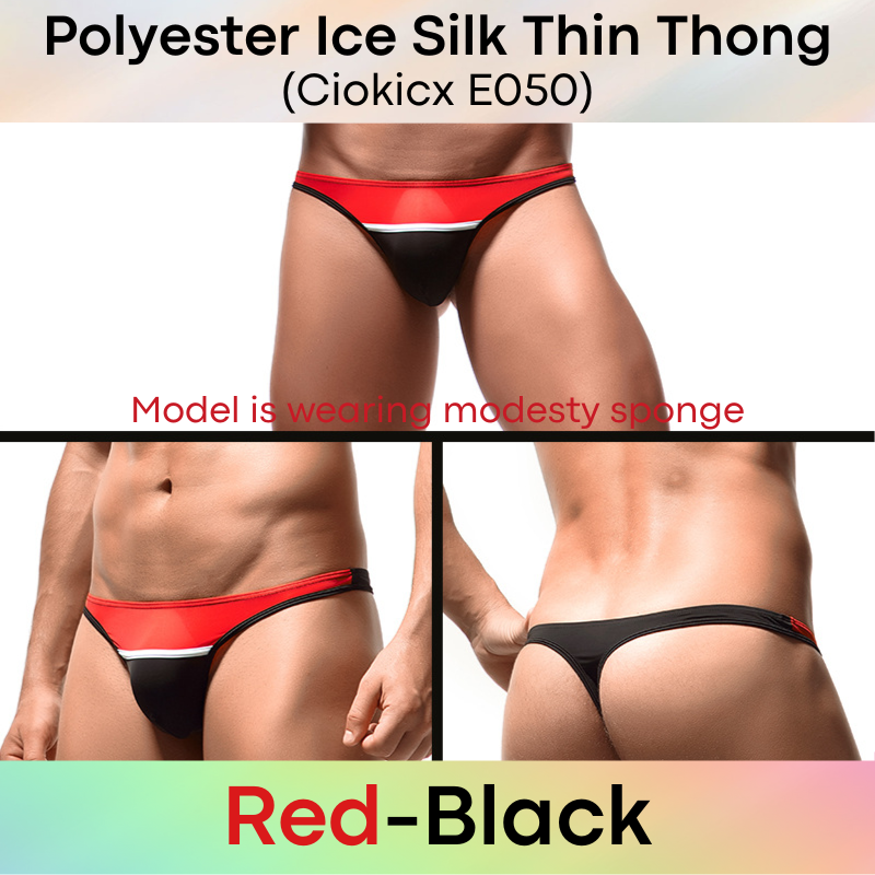 Men's Thong: Polyester Ice Silk Low Waist Thong with Dual Color Horizontal Strip (E050)