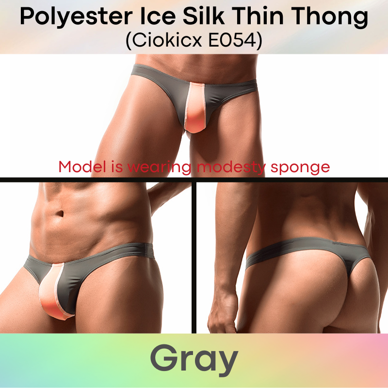 Men's Thong: Polyester Ice Silk Low Waist Thong with Dual Color Vertical Strip (E054)
