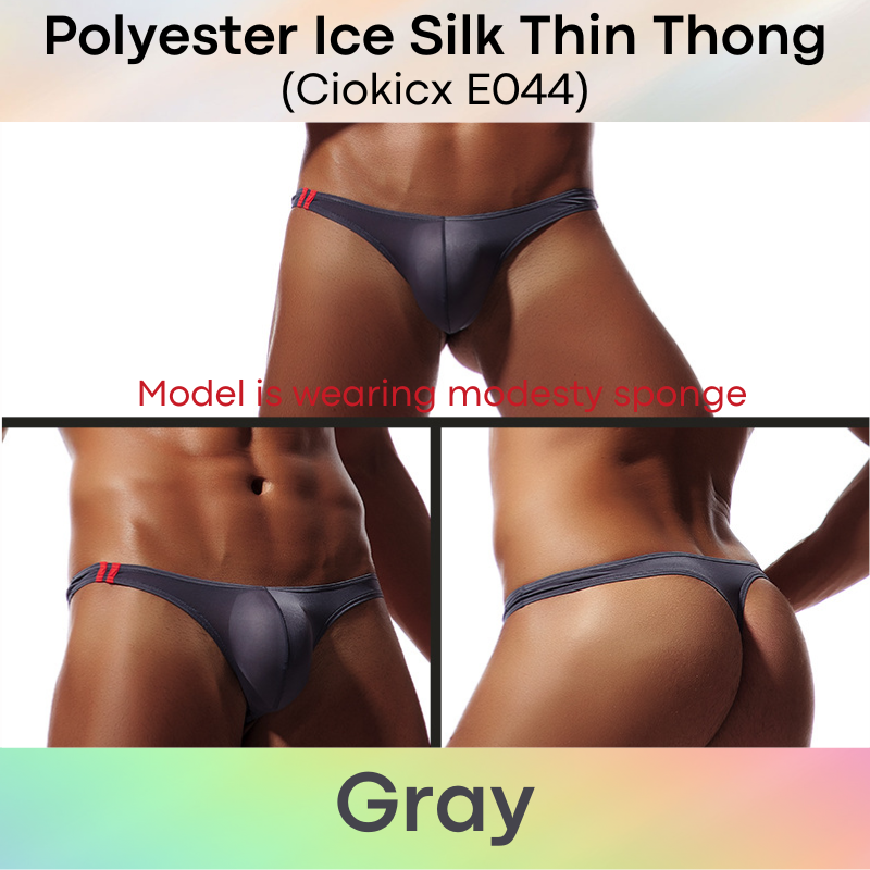 Men's Thong: Polyester Ice Silk Low Waist Thong with 2 Bar Side Stripe (E044)