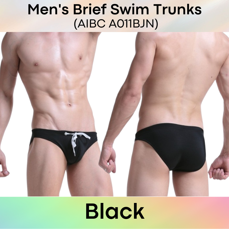Men's Swimwear: Polyester Plain Swimming Brief Trunks with Drawstring (A011BJN)