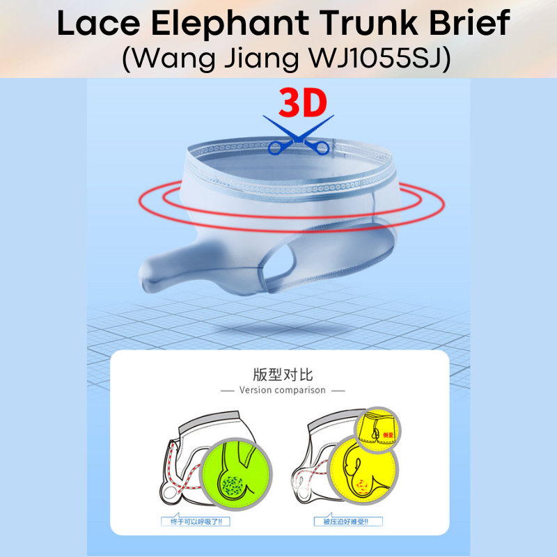 Men's Brief: Ice Silk Lace Waistband Brief with Elephant Trunk Pouch (WJ1055SJ)