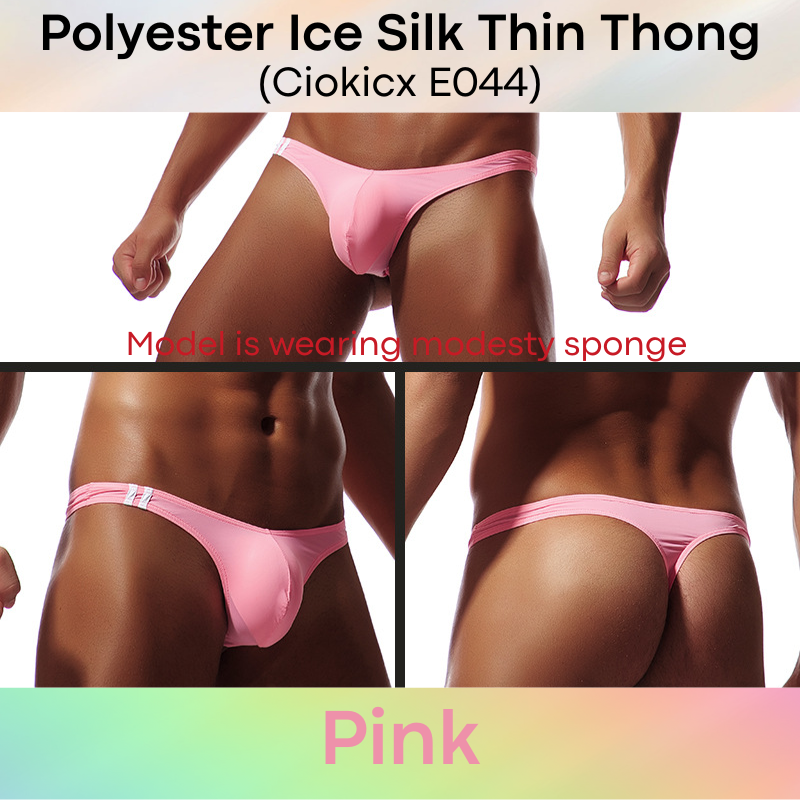 Men's Thong: Polyester Ice Silk Low Waist Thong with 2 Bar Side Stripe (E044)