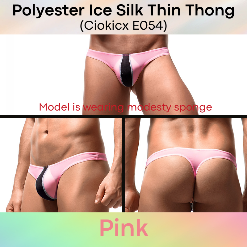 Men's Thong: Polyester Ice Silk Low Waist Thong with Dual Color Vertical Strip (E054)