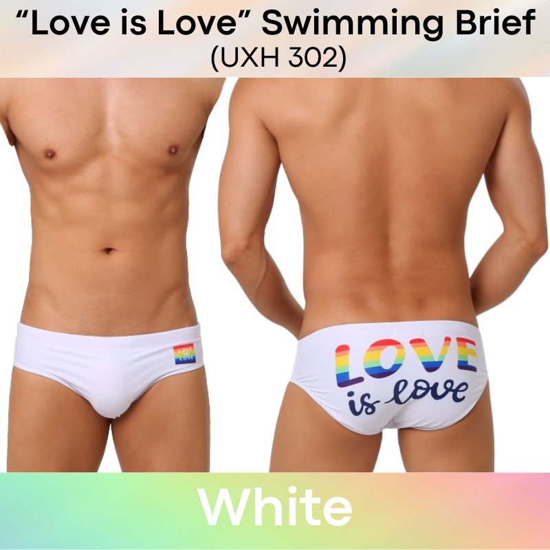 Men's Swimwear: Polyester "Love is Love" Print Swimming Brief Trunks (UXH302)
