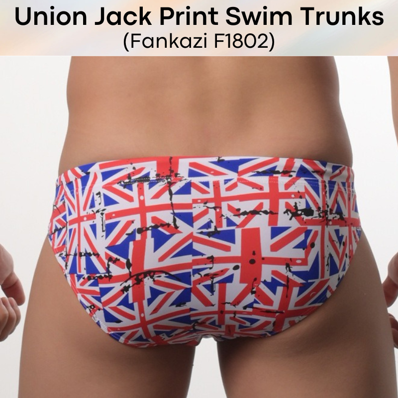 Mens Swimwear: Polyester Union Jack Print Swim Brief Trunks with Drawstring and Modesty Sponge (F1802UK)