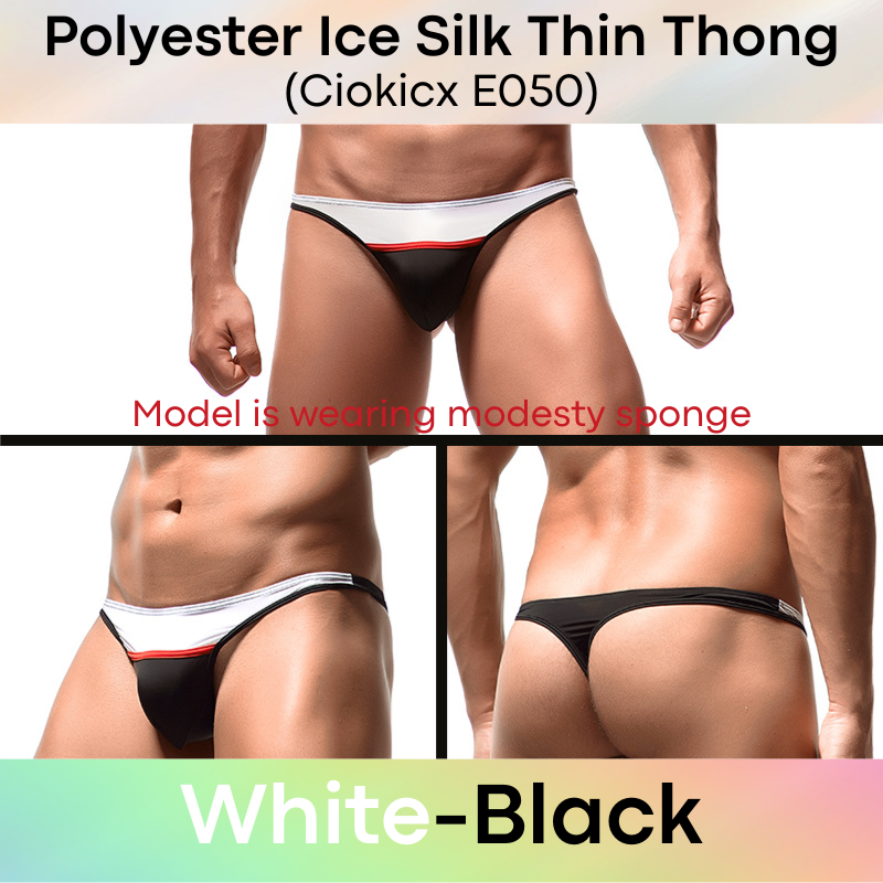 Men's Thong: Polyester Ice Silk Low Waist Thong with Dual Color Horizontal Strip (E050)
