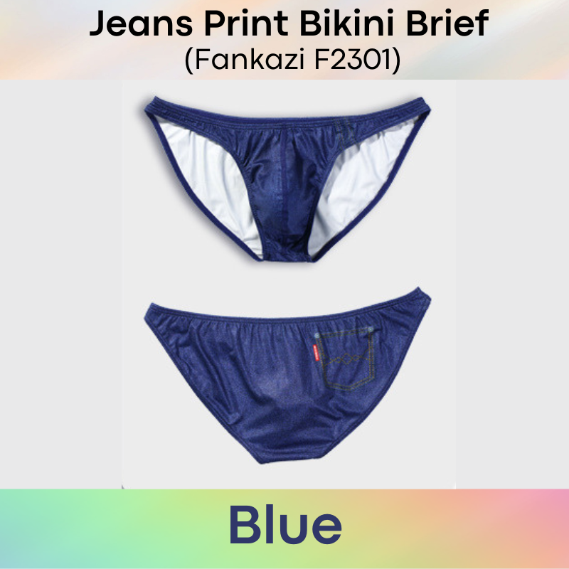 Men's Brief: Polyester Jeans Print Bikini Brief Underwear (F2301)