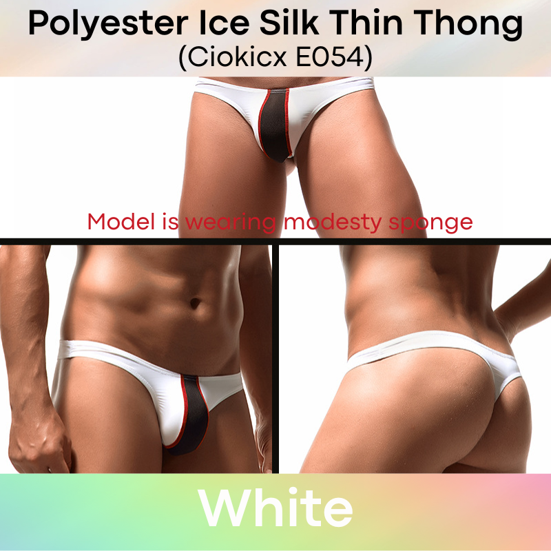 Men's Thong: Polyester Ice Silk Low Waist Thong with Dual Color Vertical Strip (E054)