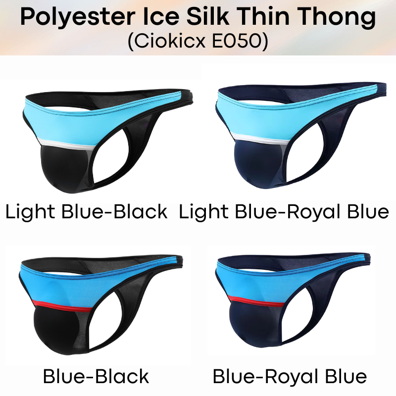 Men's Thong: Polyester Ice Silk Low Waist Thong with Dual Color Horizontal Strip (E050)