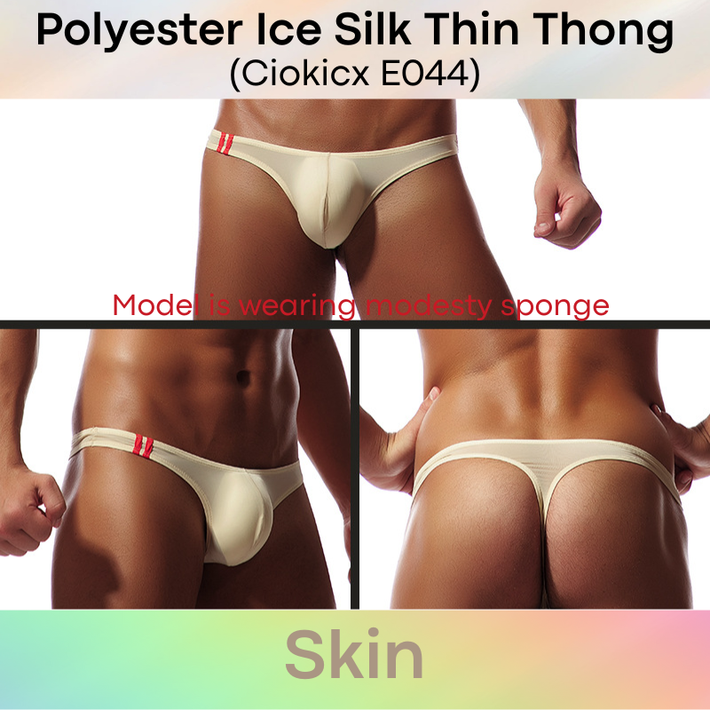 Men's Thong: Polyester Ice Silk Low Waist Thong with 2 Bar Side Stripe (E044)
