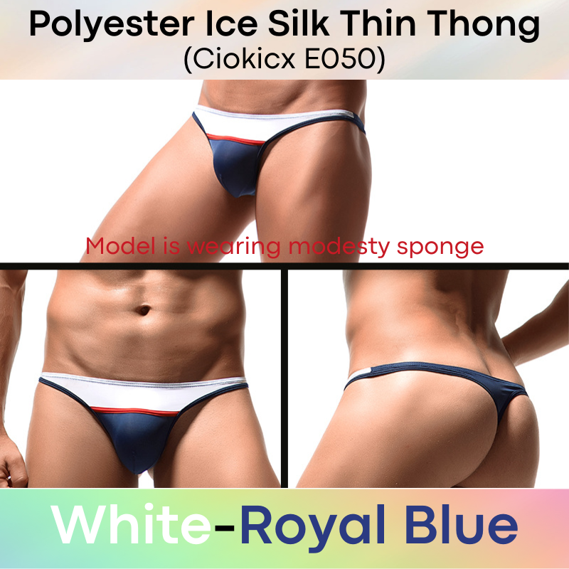 Men's Thong: Polyester Ice Silk Low Waist Thong with Dual Color Horizontal Strip (E050)