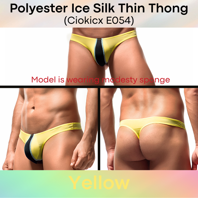 Men's Thong: Polyester Ice Silk Low Waist Thong with Dual Color Vertical Strip (E054)
