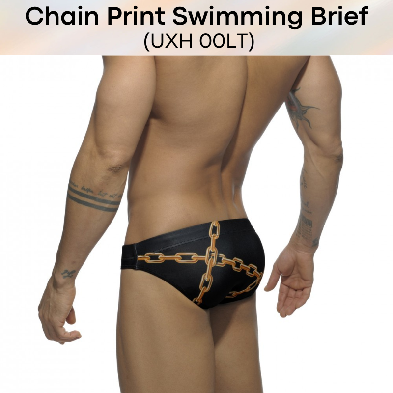 Men's Swimwear: Polyester Chain Print Swimming Brief Trunks (UXH00LT)