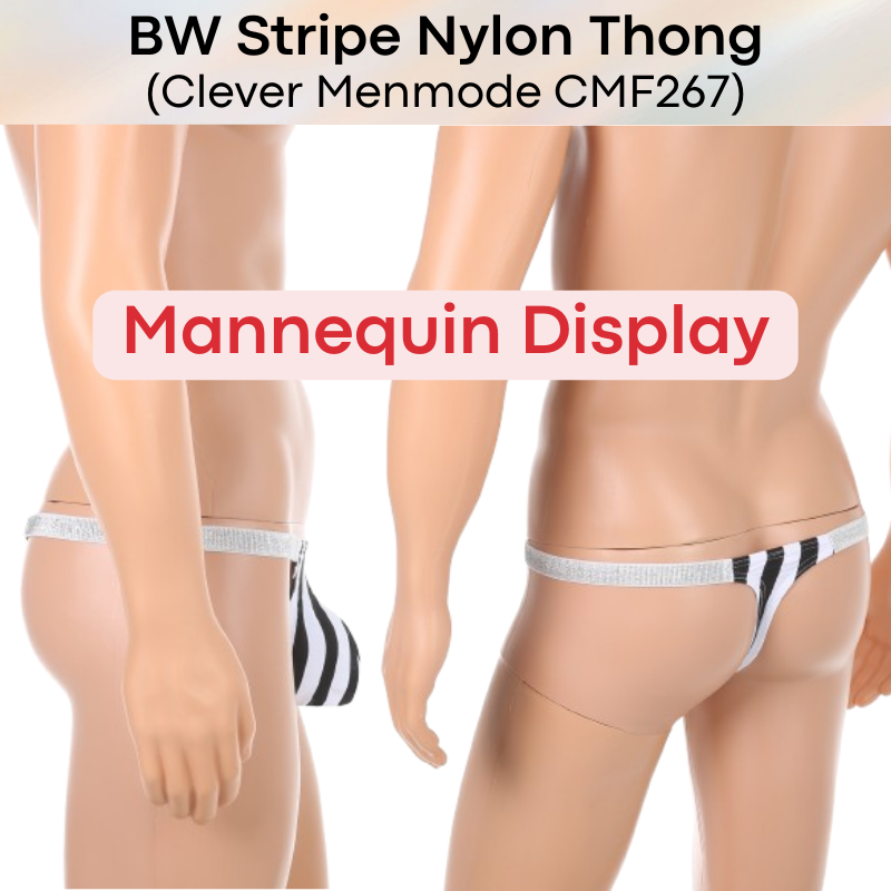 Men's Thong: B&W Stripe with Silver Glittery Waistband Nylon Thong (CMF267)