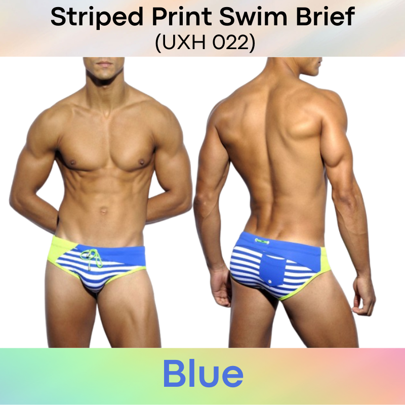 Men's Swimwear: Polyester Striped Print Swimming Brief Trunks (UXH022)