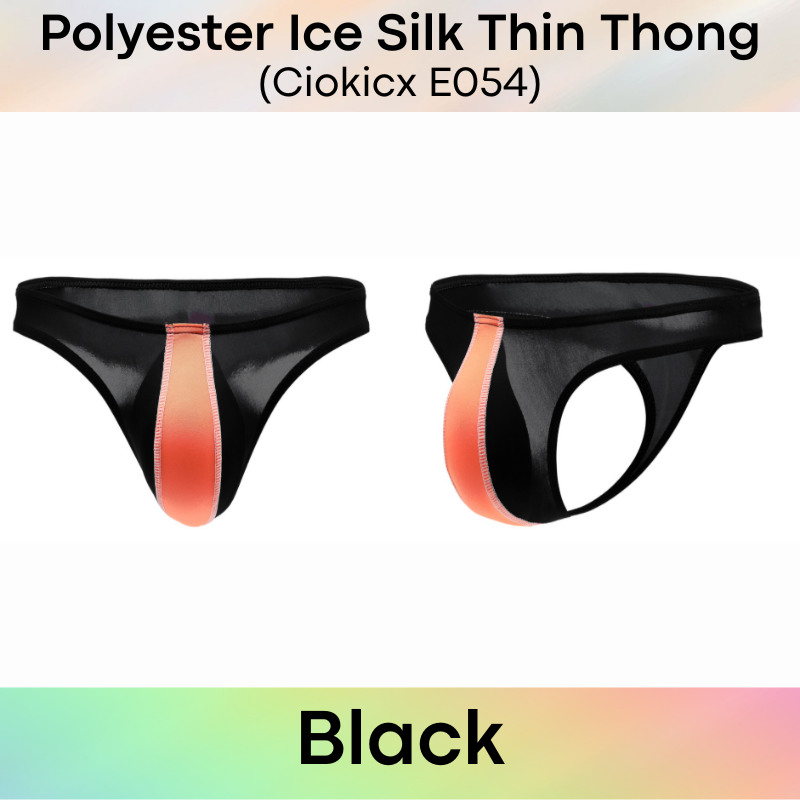 Men's Thong: Polyester Ice Silk Low Waist Thong with Dual Color Vertical Strip (E054)