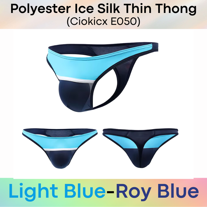 Men's Thong: Polyester Ice Silk Low Waist Thong with Dual Color Horizontal Strip (E050)