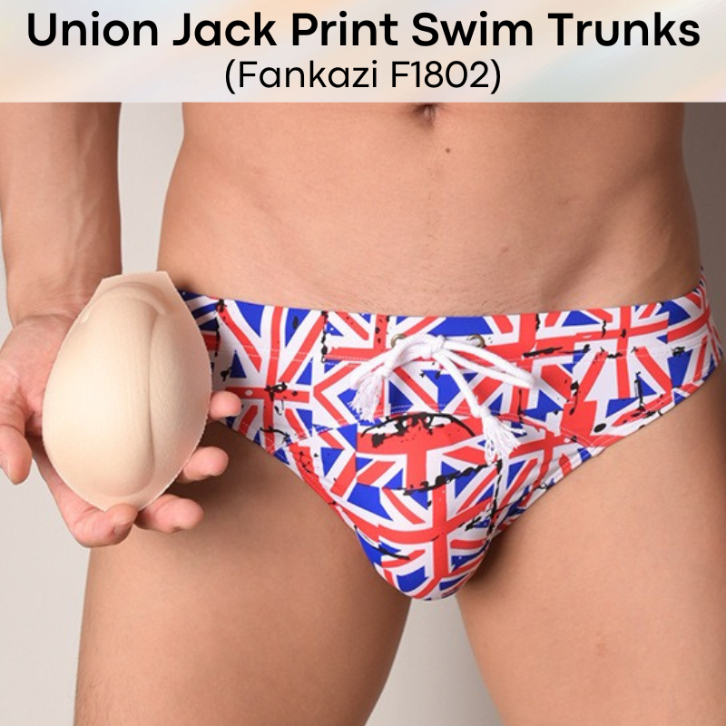 Mens Swimwear: Polyester Union Jack Print Swim Brief Trunks with Drawstring and Modesty Sponge (F1802UK)